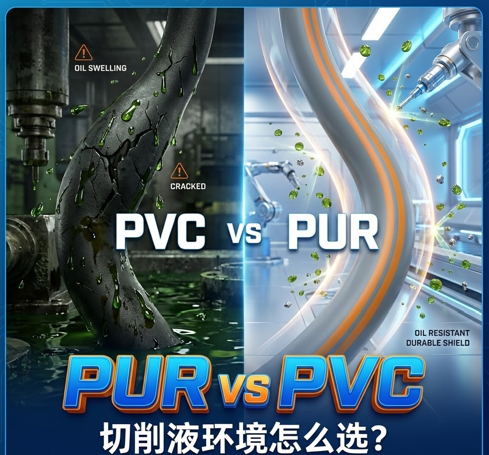 PUR vs PVC：机床切削液环境下，你的拖链电缆选对护套了吗？